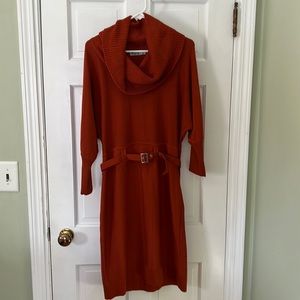 Burnt orange sweater dress, with cowl neck